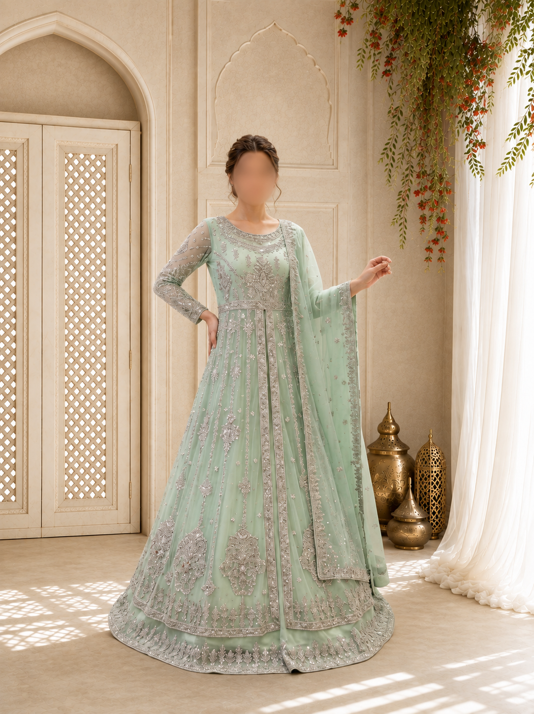 Hand-Embroidered Mint Green Long-Sleeve Luxury Formal Front-Slit Maxi Gown