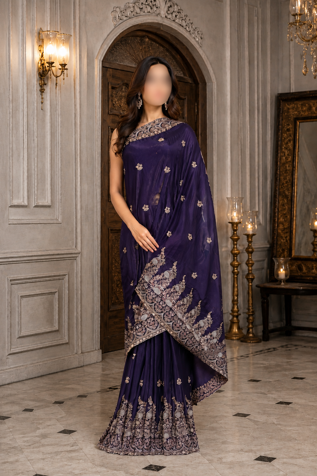 Deep Purple Heavily Embellished Saree and Blouse Set