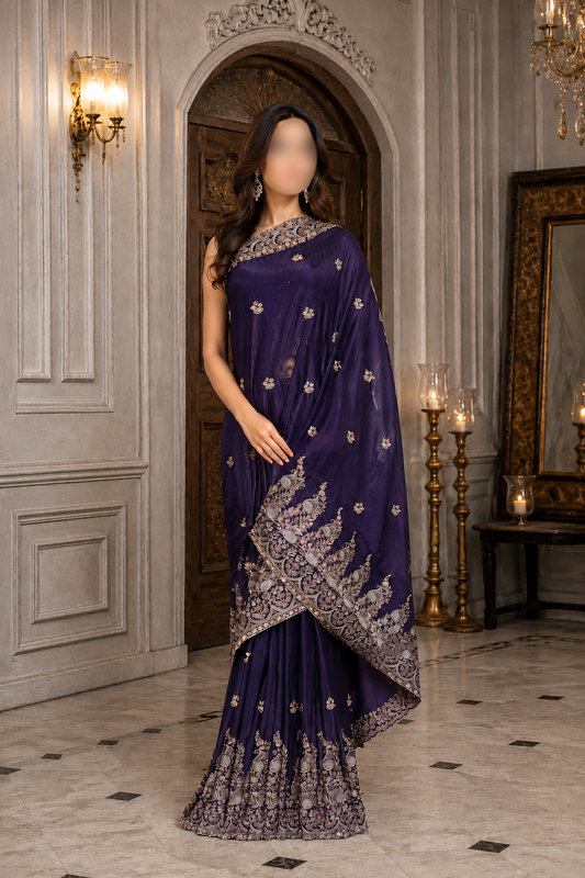 Deep Purple Heavily Embellished Saree and Blouse Set