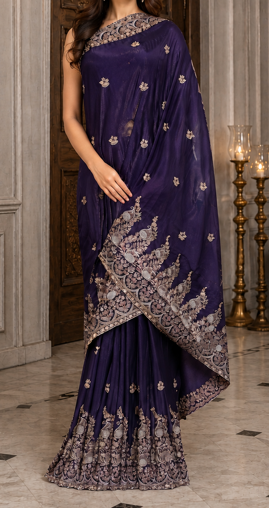 Deep Purple Heavily Embellished Saree and Blouse Set