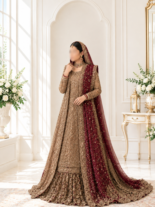 Regal Golden & Maroon Heavy Embroidered Long Jacket Lehenga