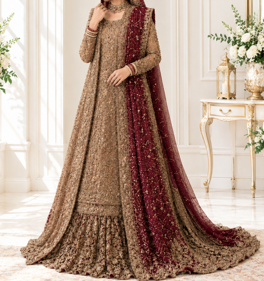 Regal Golden & Maroon Heavy Embroidered Long Jacket Lehenga