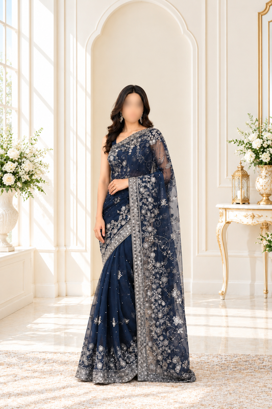 Midnight Blue Heavily Embellished Saree and Blouse Set