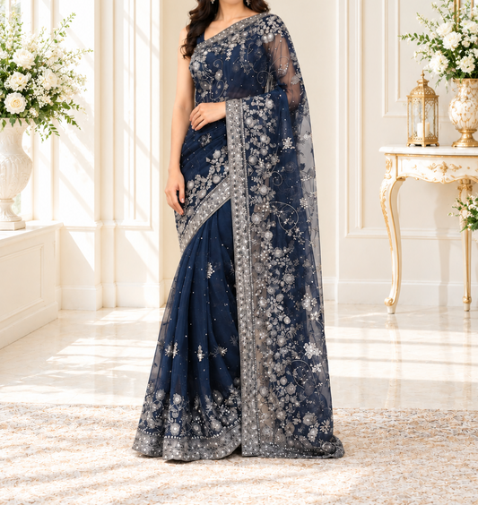 Midnight Blue Heavily Embellished Saree and Blouse Set