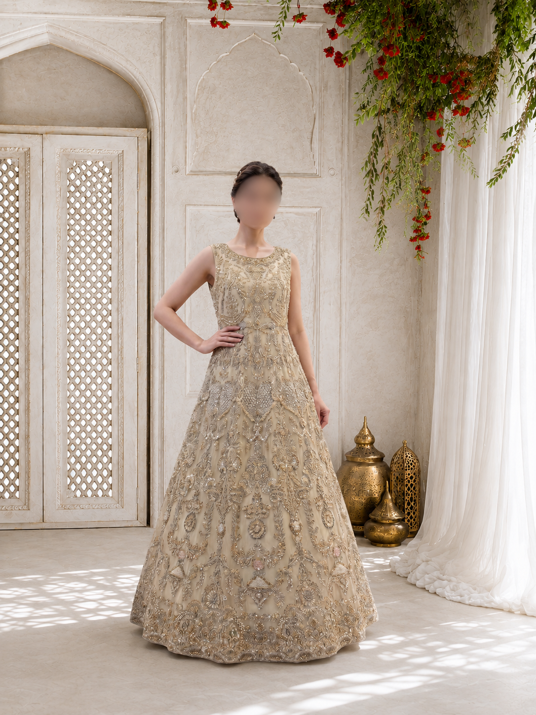 Hand-Embroidered Champagne Gold Luxury Formal Maxi