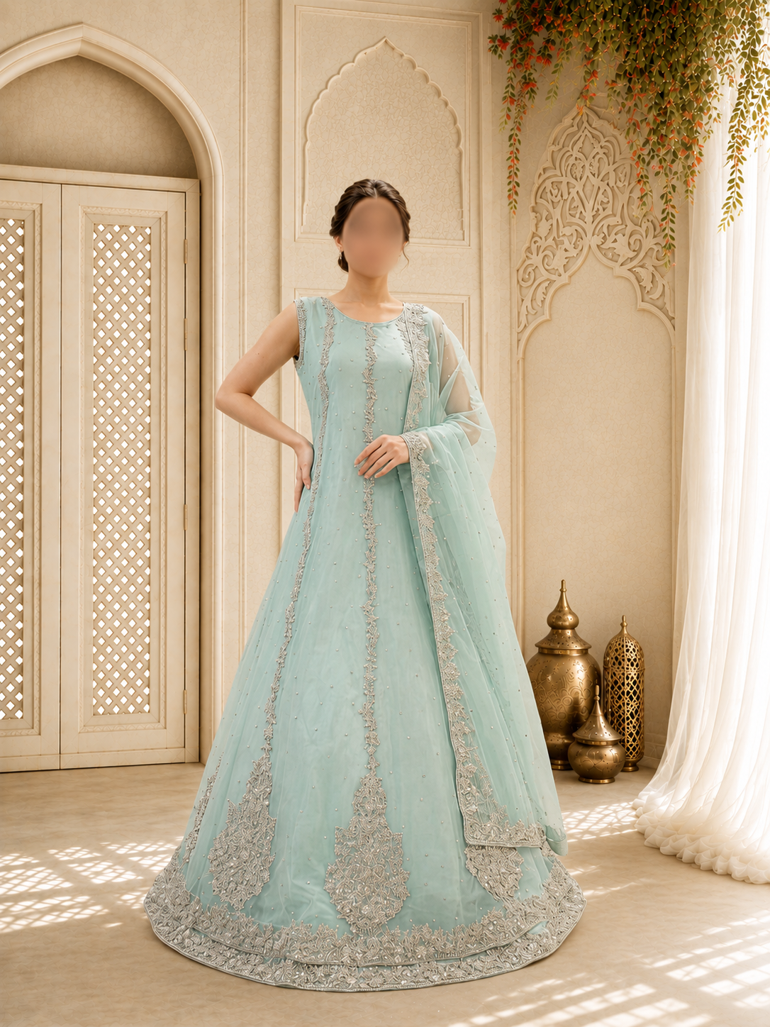 Hand-Embroidered Mint Green Luxury Formal Maxi Gown