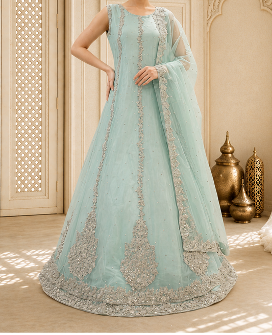 Hand-Embroidered Mint Green Luxury Formal Maxi Gown
