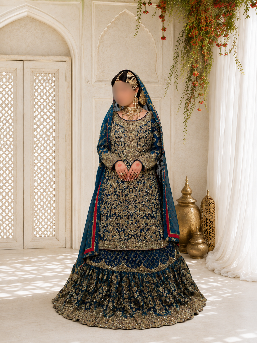 Hand-Embroidered Deep Blue and Gold Long-Sleeve Luxury Formal Kurti & Lehenga
