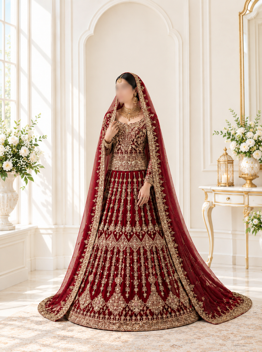 Regal Crimson Heavy Embroidered Short Kurti Lehenga with Sheer Dupatta and Trail