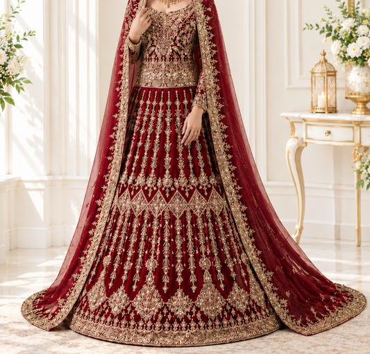 Regal Crimson Heavy Embroidered Short Kurti Lehenga with Sheer Dupatta and Trail