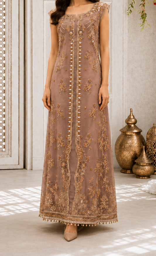 Muted Mauve Open-Front Style Embellished Long Shirt Set