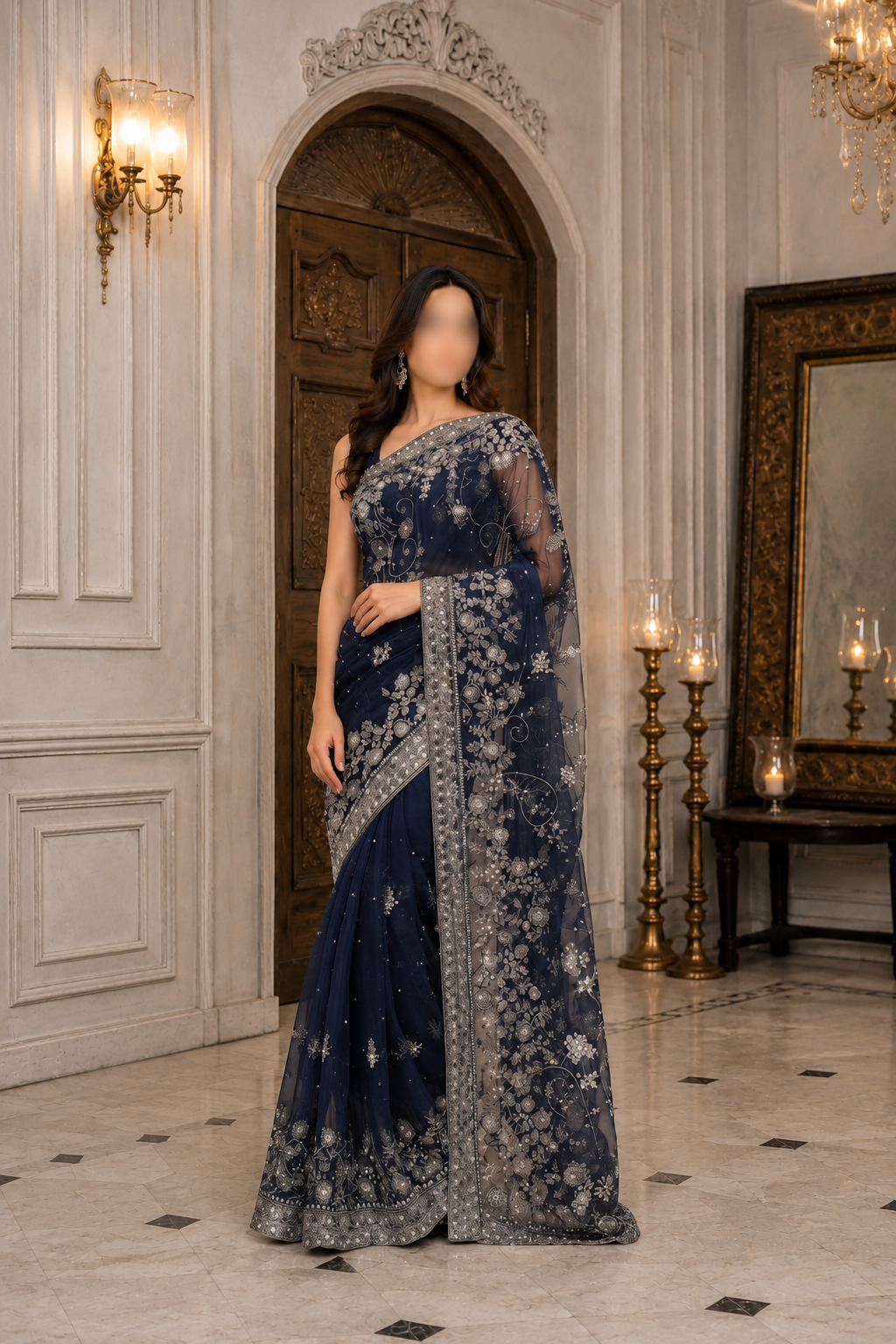 Midnight Blue Heavily Embellished Saree and Blouse Set