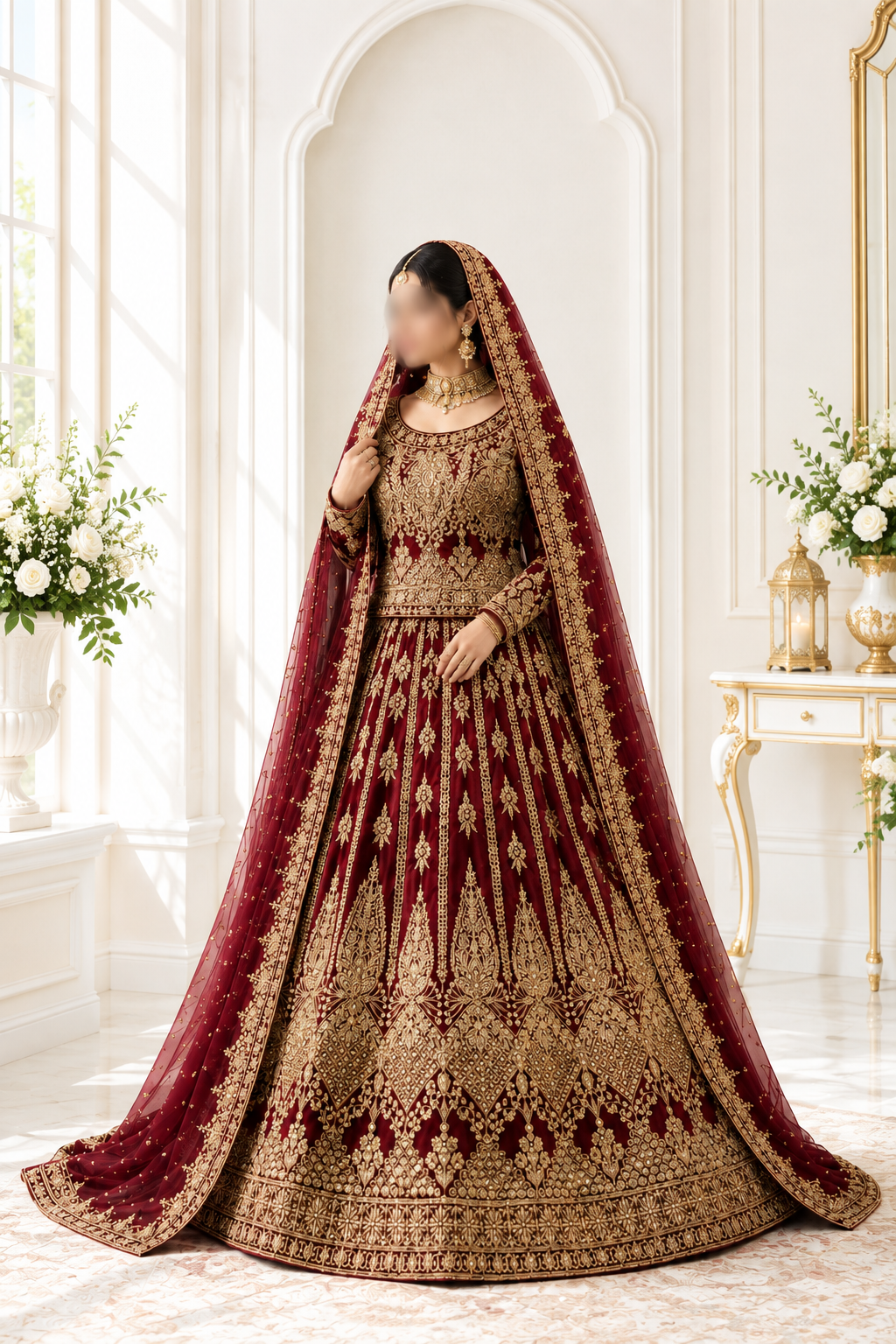 Regal Crimson Heavy Embroidered Short Kurti Lehenga with Waist Belt and Chevron Embroidery