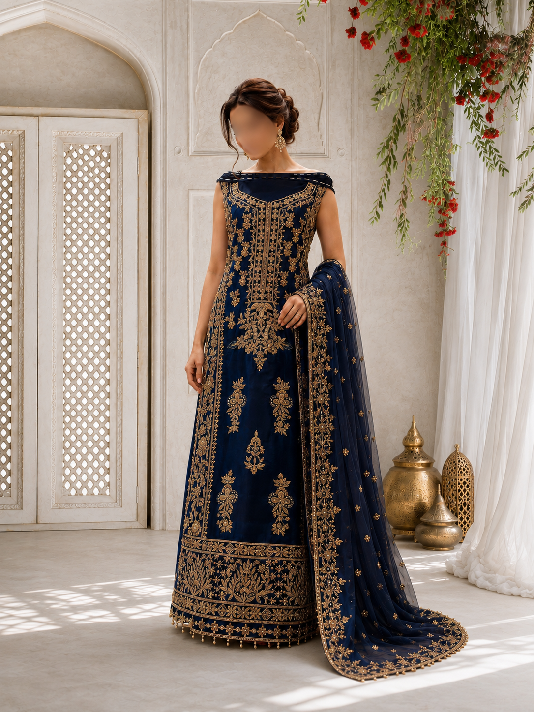 Midnight Blue Off-Shoulder Style Embellished Long Shirt and Dupatta