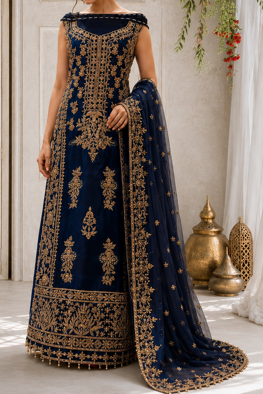 Midnight Blue Off-Shoulder Style Embellished Long Shirt and Dupatta