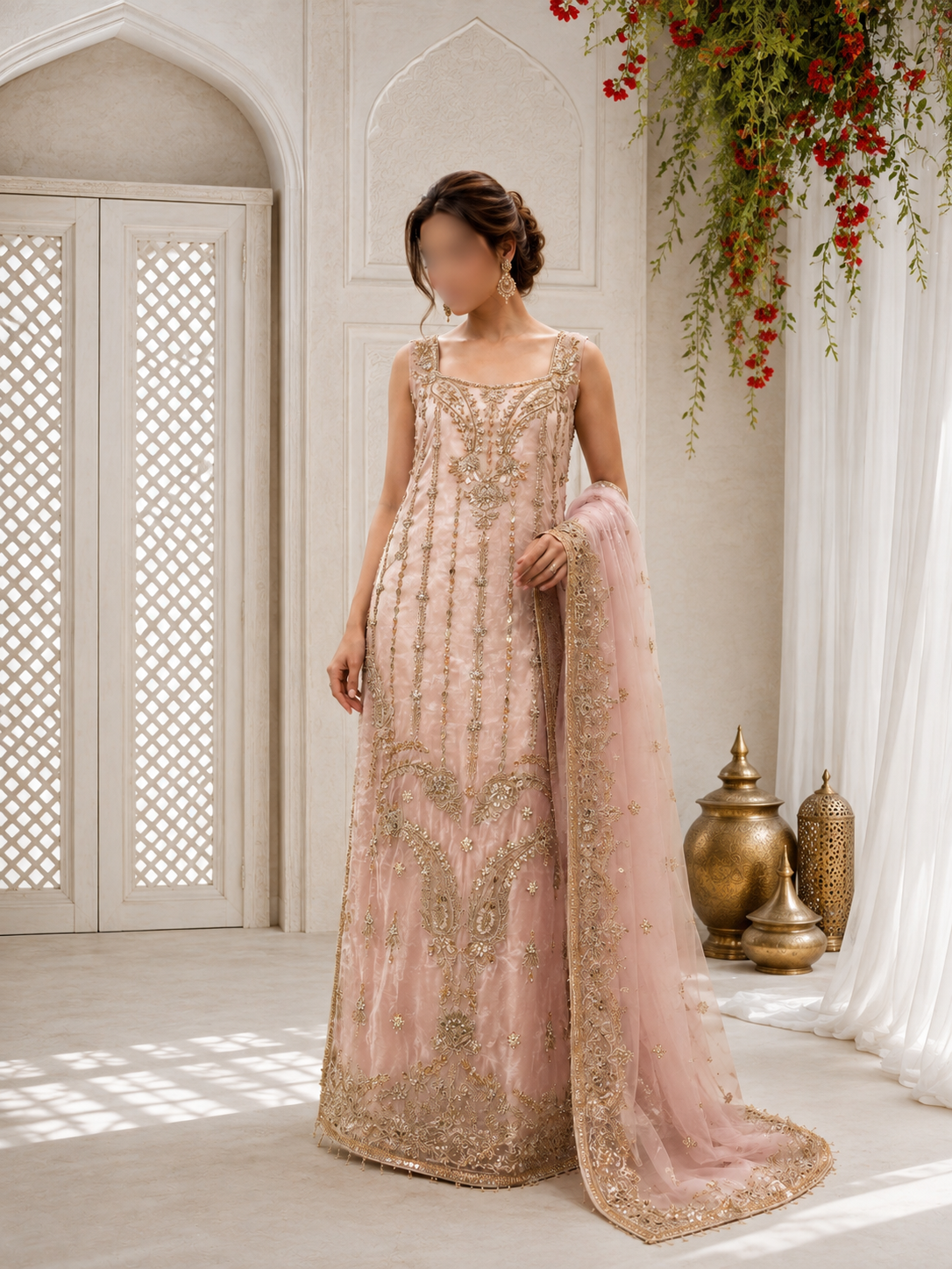 Soft Pink Embellished Straight Shirt and Dupatta Set