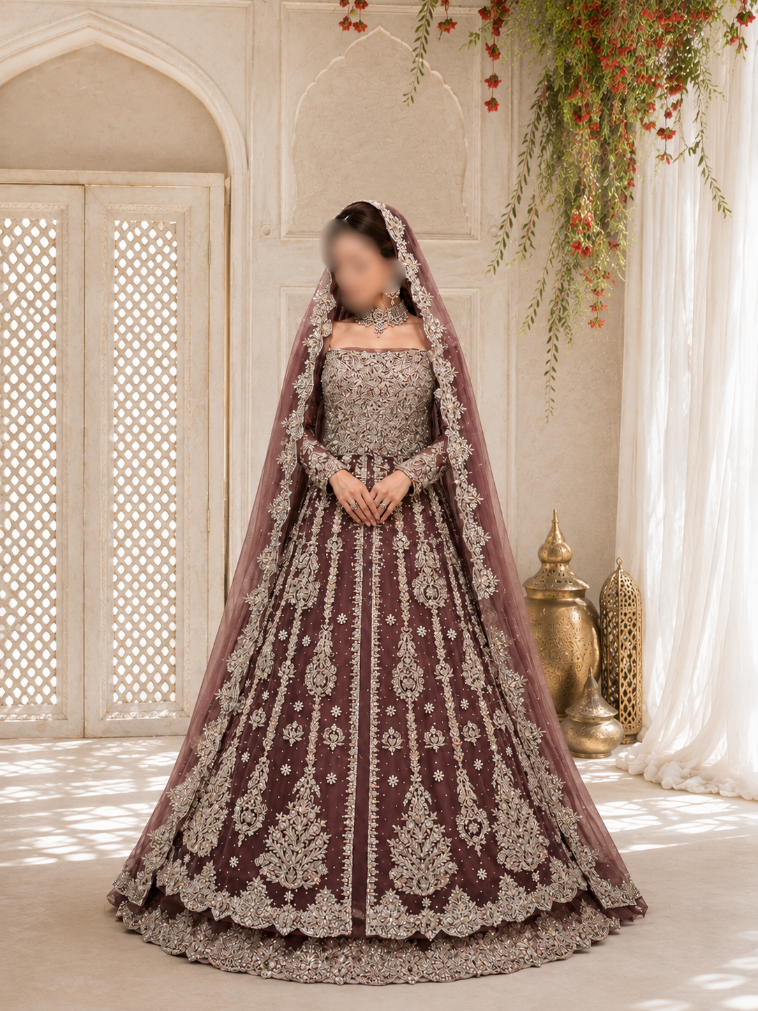 Hand-Embroidered Mauve Long-Sleeve Luxury Formal Front-Slit Maxi Gown with Dupatta