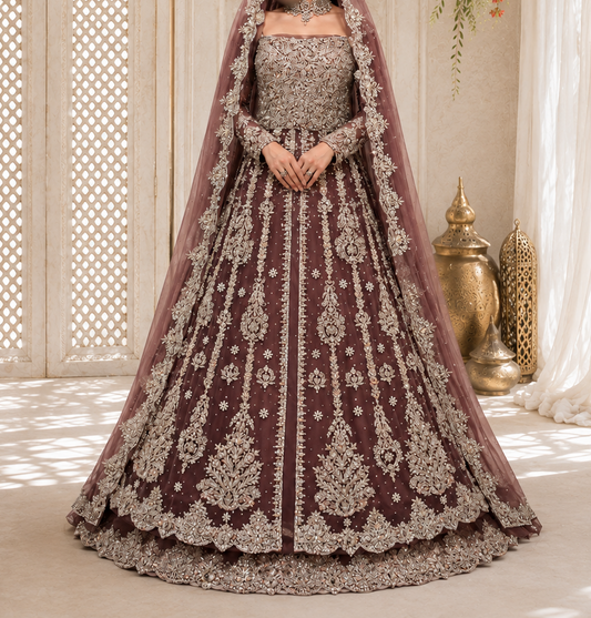 Hand-Embroidered Mauve Long-Sleeve Luxury Formal Front-Slit Maxi Gown with Dupatta