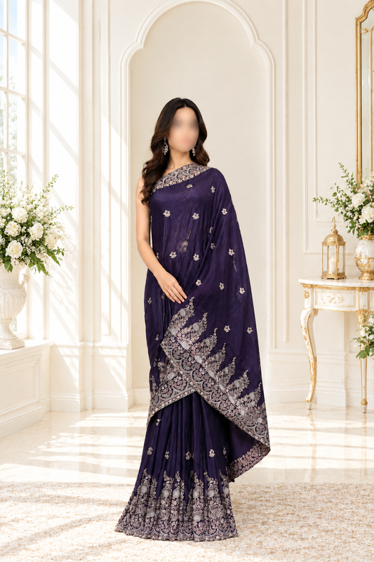 Deep Purple Heavily Embellished Saree and Blouse Set