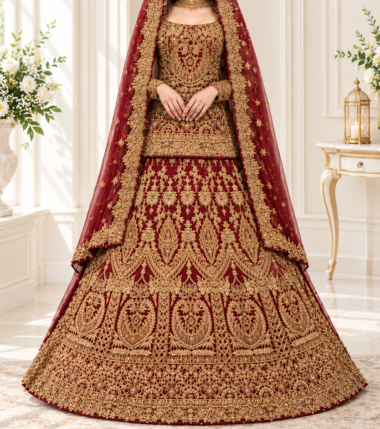Regal Crimson and Gold Heritage Bridal Lehenga