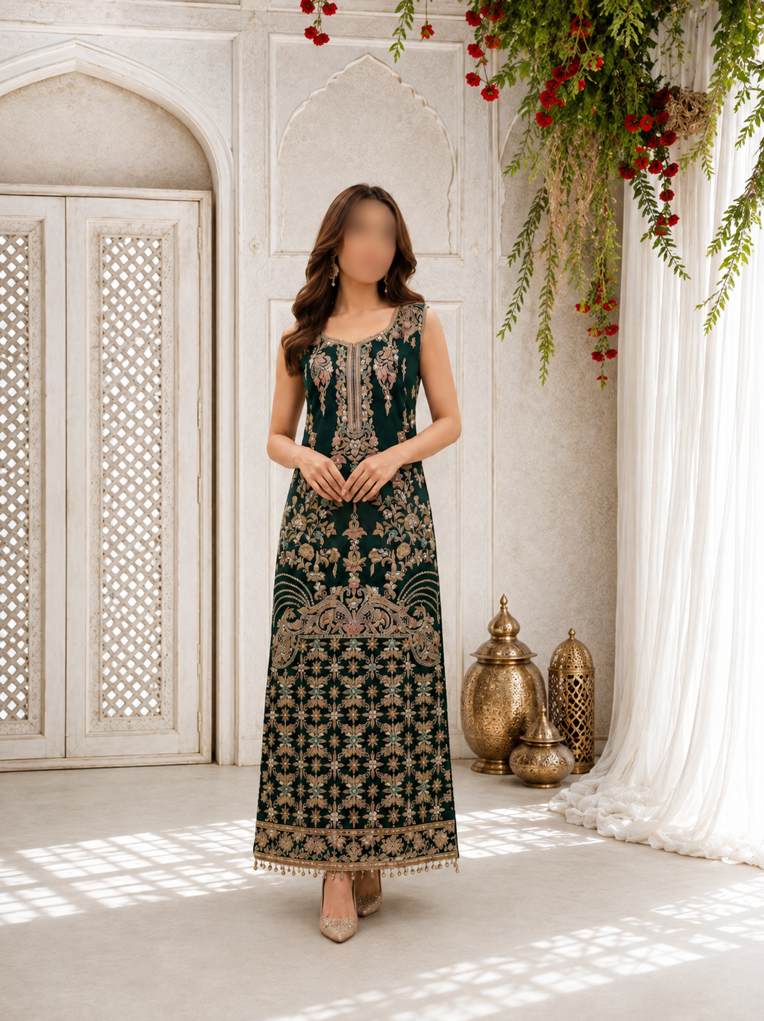 Emerald Green Embellished Long Straight Shirt Set