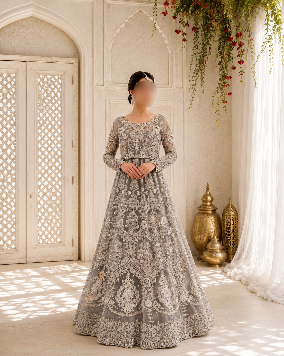 Hand-Embroidered Grey-Taupe Long-Sleeve Luxury Formal Peplum & Lehenga/Maxi