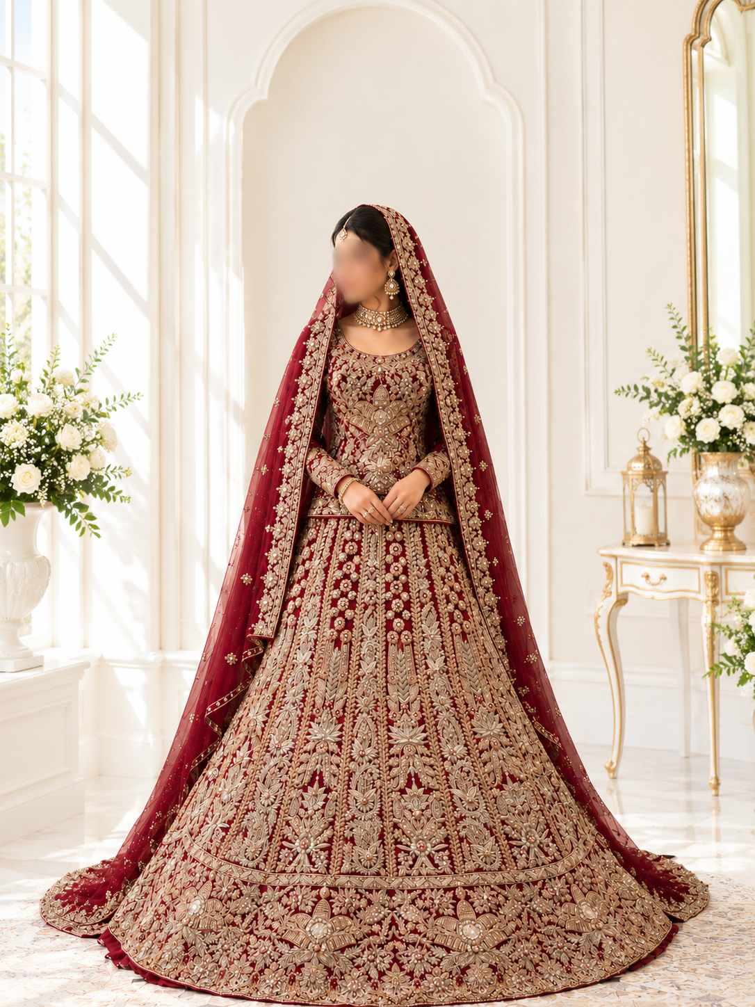 Regal Crimson Heavy Embroidered Short Kurti Lehenga with Plain Veil