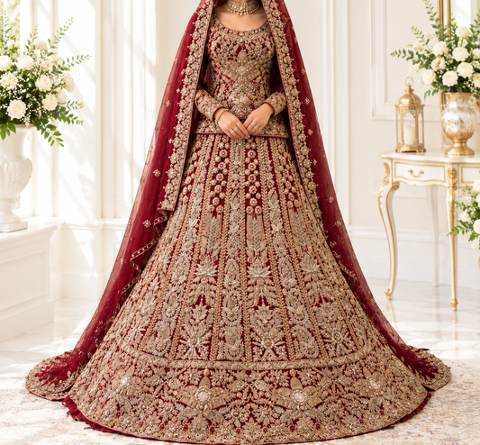 Regal Crimson Heavy Embroidered Short Kurti Lehenga with Plain Veil